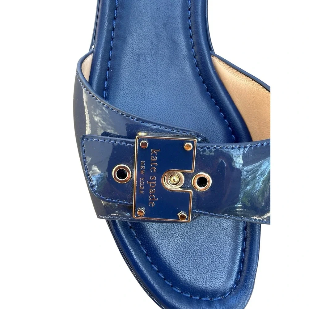 Kate Spade Gazebo Sandals Blue Patent Leather Low Block Heel 9.5B Resortwear